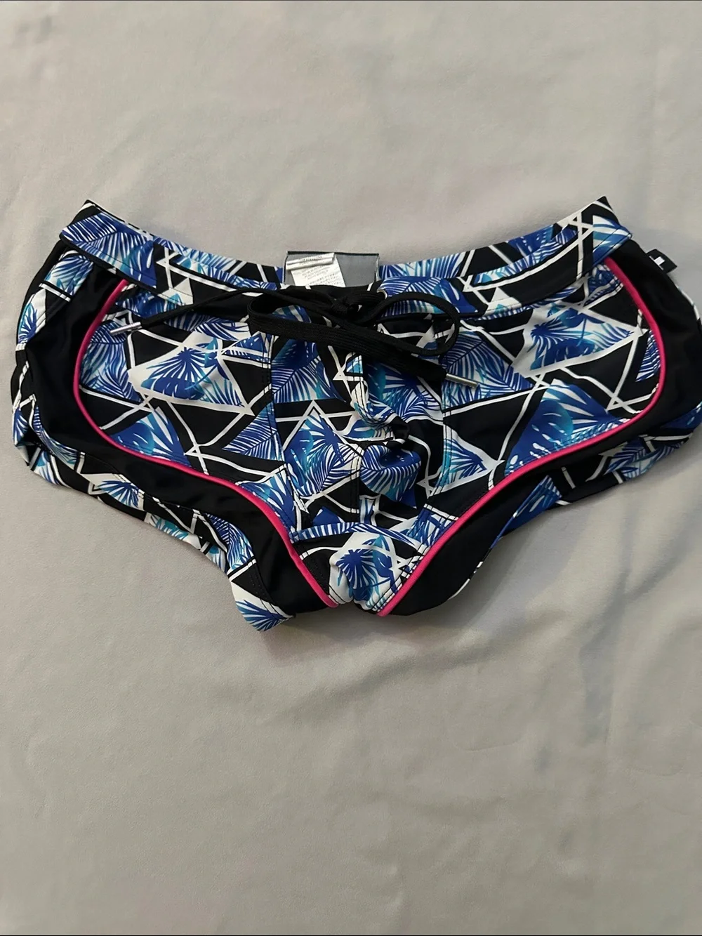 Andrew Christian Blue Tropical Print Swim Bottoms with Pink Trim